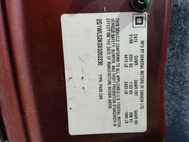 2G1WL52K9X9202230 - 1999 CHEVROLET LUMINA BAS წითელი ფოტო 10