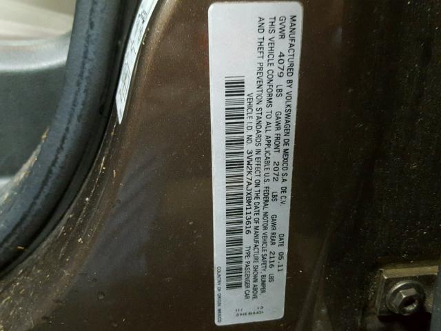 3VW2K7AJXBM113616 - 2011 VOLKSWAGEN JETTA BASE 棕色 照片 10