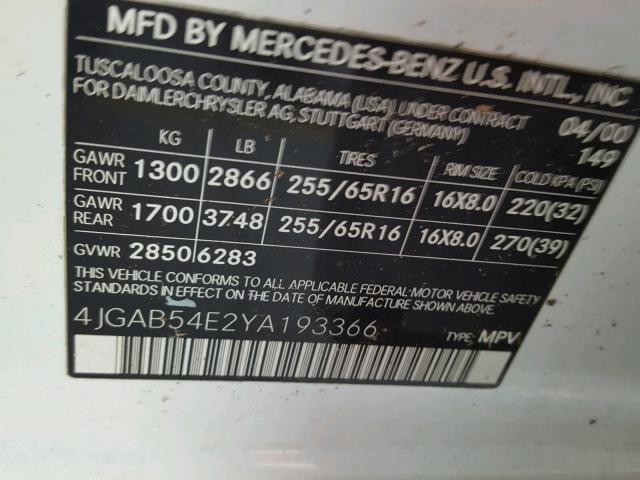 4JGAB54E2YA193366 - 2000 MERCEDES-BENZ ML 320 WHITE photo 10