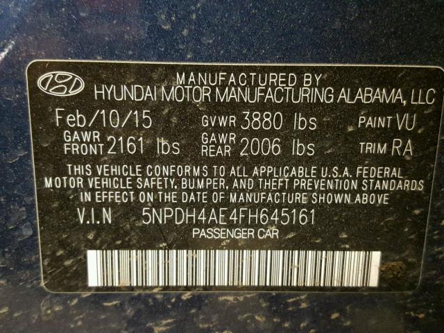 5NPDH4AE4FH645161 - 2015 HYUNDAI ELANTRA SE BLUE photo 10