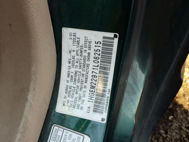 1HGEM22971L062515 - 2001 HONDA CIVIC SI GREEN photo 10