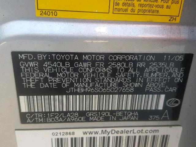 JTHBH96S065027658 - 2006 LEXUS GS GENERAT SILVER photo 10