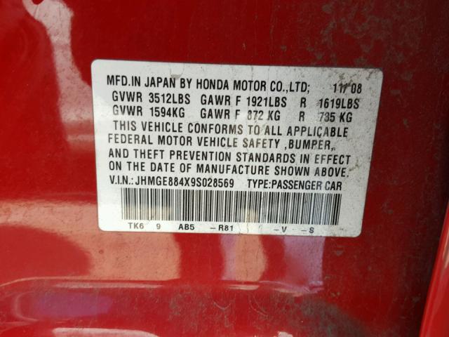 JHMGE884X9S028569 - 2009 HONDA FIT SPORT RED photo 10