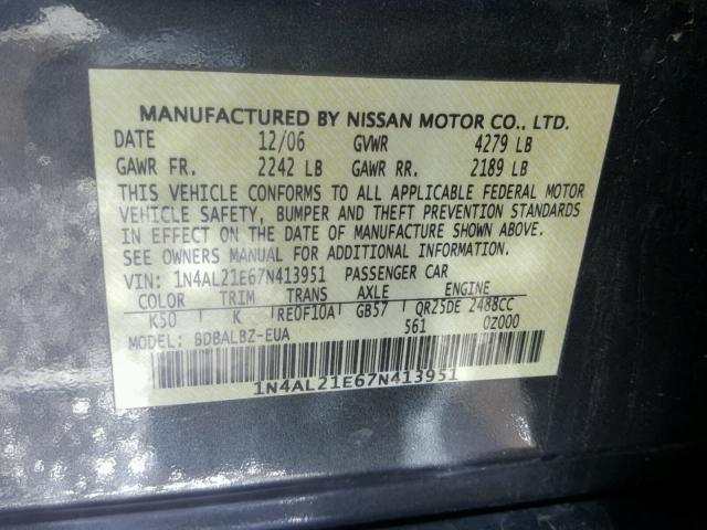 1N4AL21E67N413951 - 2007 NISSAN ALTIMA 2.5 BLACK photo 10