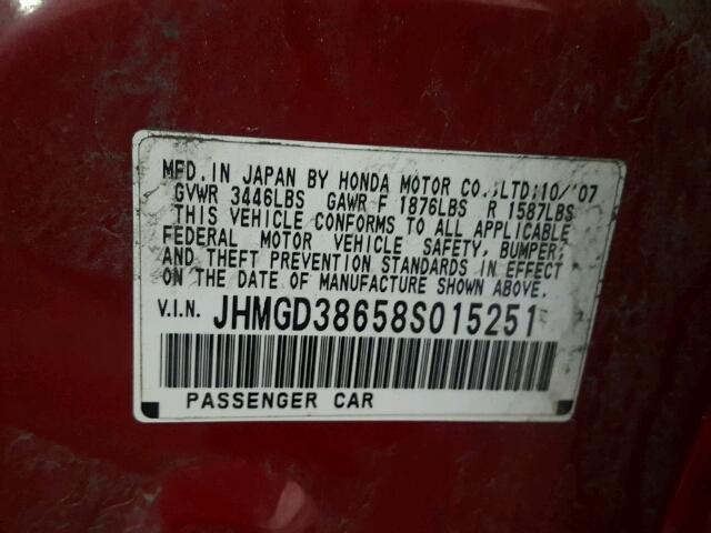 JHMGD38658S015251 - 2008 HONDA FIT SPORT RED photo 10