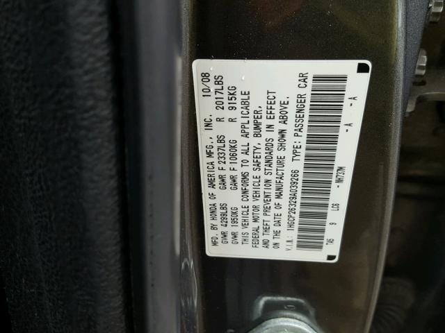 1HGCP26329A039266 - 2009 HONDA ACCORD LX CHARCOAL photo 10