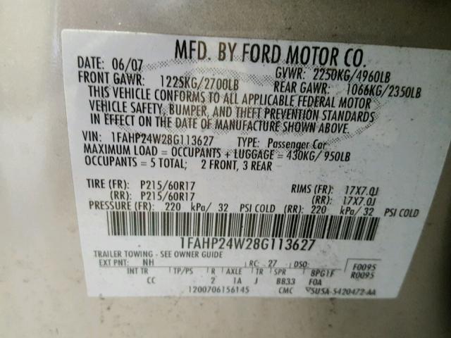 1FAHP24W28G113627 - 2008 FORD TAURUS SEL SILVER photo 10