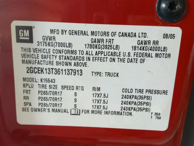 2GCEK13T361137913 - 2006 CHEVROLET SILVERADO RED photo 10