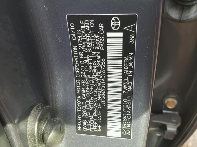 JTDKN3DU1A0167266 - 2010 TOYOTA PRIUS GRAY photo 10