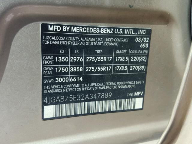 4JGAB75E32A347889 - 2002 MERCEDES-BENZ ML 500 GOLD photo 10