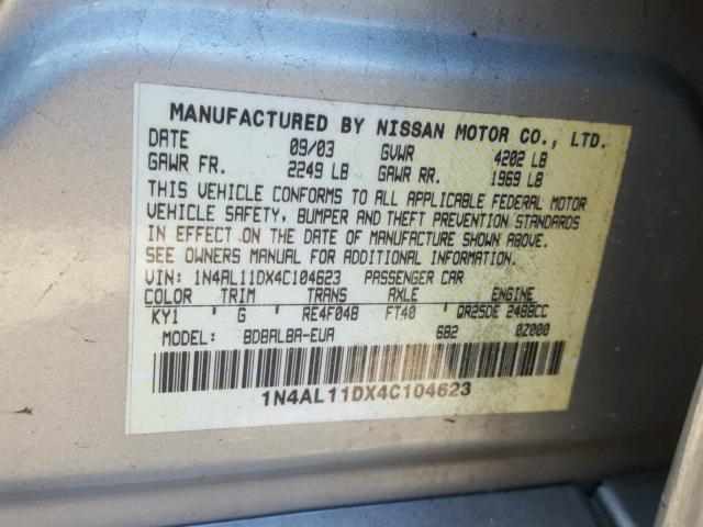 1N4AL11DX4C104623 - 2004 NISSAN ALTIMA BAS SILVER photo 10