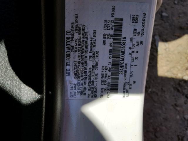 3FAHP0JAXAR365816 - 2010 FORD FUSION SEL WHITE photo 10