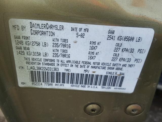 1J4GL38K22W331363 - 2002 JEEP LIBERTY RE GREEN photo 10