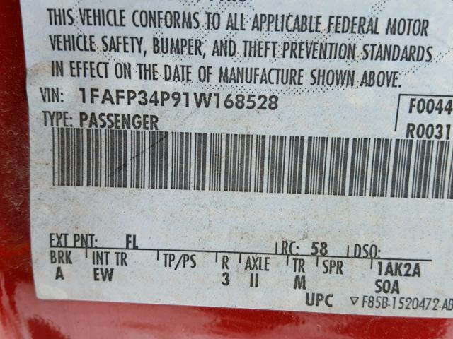 1FAFP34P91W168528 - 2001 FORD FOCUS SE RED photo 10