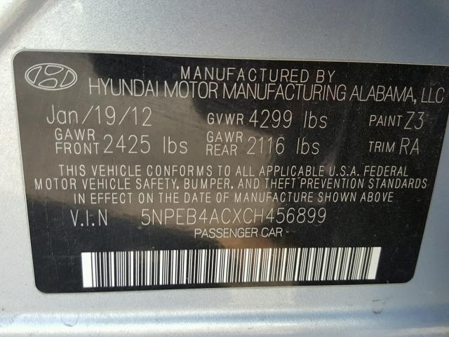 5NPEB4ACXCH456899 - 2012 HYUNDAI SONATA GLS TEAL photo 10