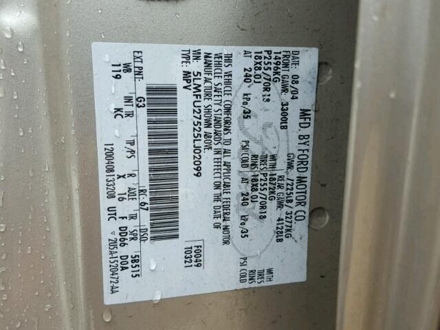 5LMFU27525LJ02099 - 2005 LINCOLN NAVIGATOR 棕色 照片 10