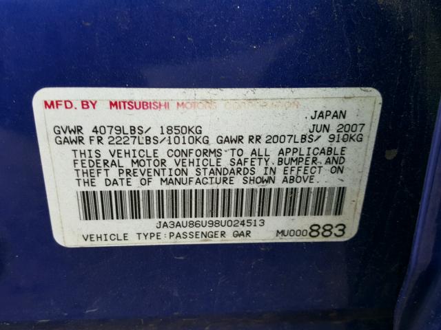 JA3AU86U98U024513 - 2008 MITSUBISHI LANCER GTS BLUE photo 10