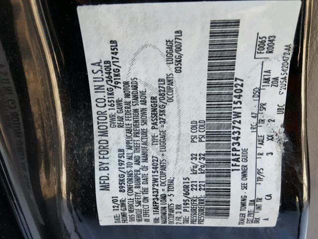 1FAFP34372W154027 - 2002 FORD FOCUS SE BLACK photo 10