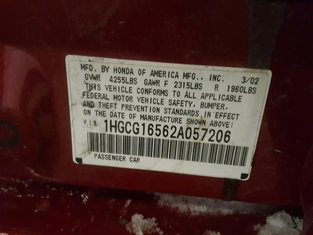 1HGCG16562A057206 - 2002 HONDA ACCORD EX RED photo 10