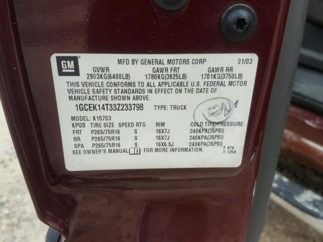 1GCEK14T33Z233798 - 2003 CHEVROLET SILVERADO RED photo 10