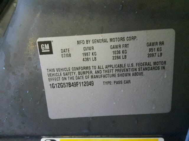 1G1ZG57B49F112049 - 2009 CHEVROLET MALIBU LS ნაცრისფერი ფოტო 10