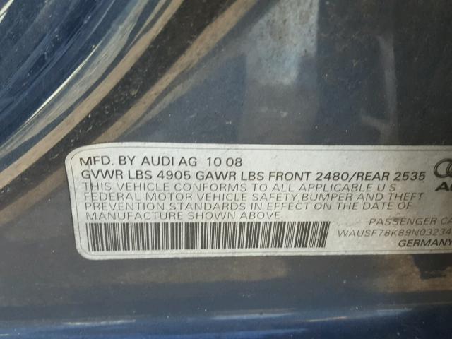 WAUSF78K89N032343 - 2009 AUDI A4 PREMIUM GRAY photo 10