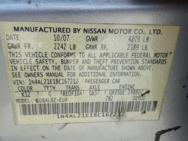 1N4AL21E18C167212 - 2008 NISSAN ALTIMA 2.5 SILVER photo 10