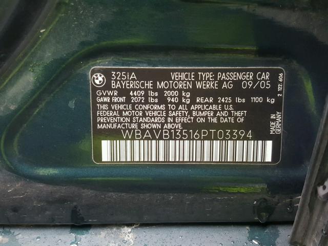 WBAVB13516PT03394 - 2006 BMW 325 I GREEN photo 10