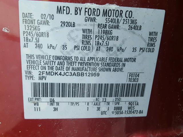 2FMDK4JC3ABB12959 - 2010 FORD EDGE SEL RED photo 10