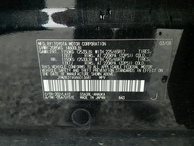 JTMZK31V686013681 - 2008 TOYOTA RAV4 LIMIT BLACK photo 10