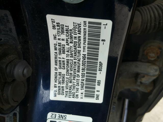 1HGFA16518L002464 - 2008 HONDA CIVIC LX BLUE photo 10