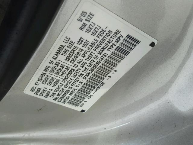 5FNRL38286B014731 - 2006 HONDA ODYSSEY LX GRAY photo 10