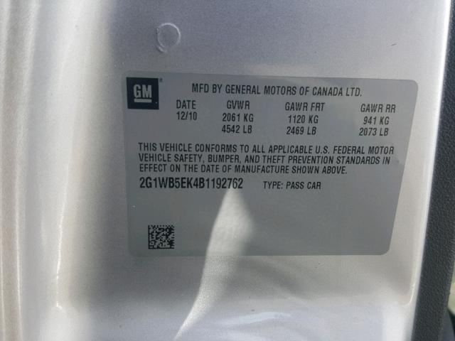 2G1WB5EK4B1192762 - 2011 CHEVROLET IMPALA LT SILVER photo 10