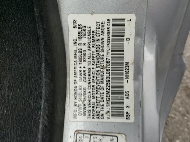 1HGEM22593L067067 - 2003 HONDA CIVIC LX SILVER photo 10