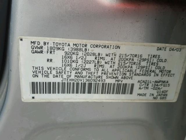 JTEHH20V136092493 - 2003 TOYOTA RAV4 SILVER photo 10