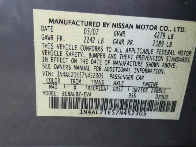 1N4AL21E57N452305 - 2007 NISSAN ALTIMA 2.5 GRAY photo 10