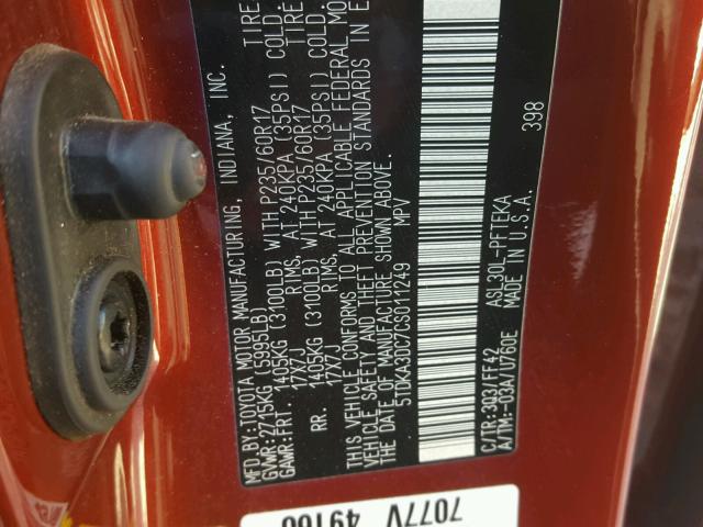 5TDKA3DC7CS011249 - 2012 TOYOTA SIENNA BAS RED photo 10