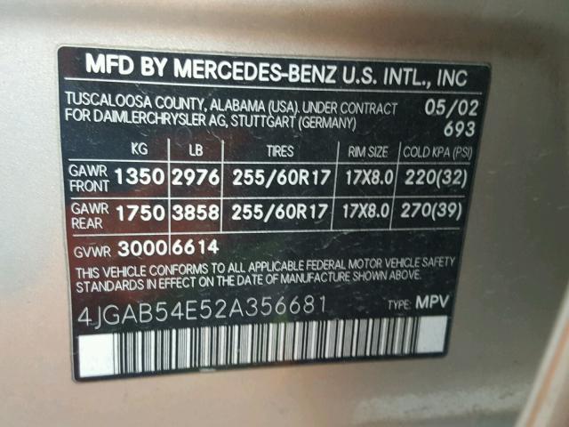 4JGAB54E52A356681 - 2002 MERCEDES-BENZ ML 320 GOLD photo 10