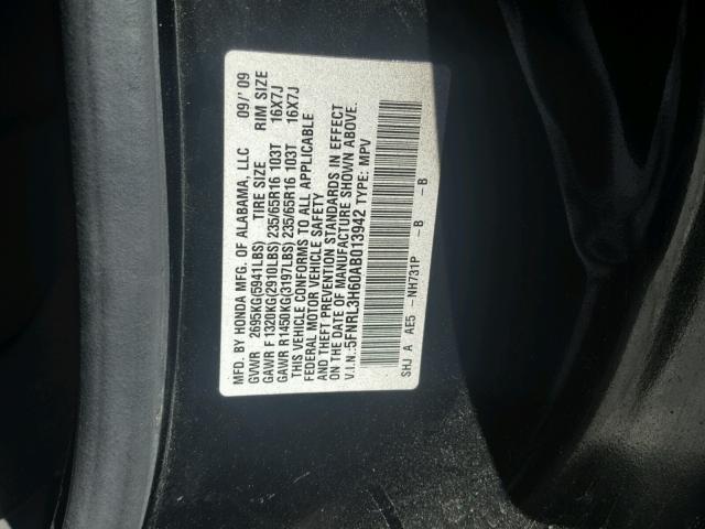 5FNRL3H60AB013942 - 2010 HONDA ODYSSEY EX BLACK photo 10