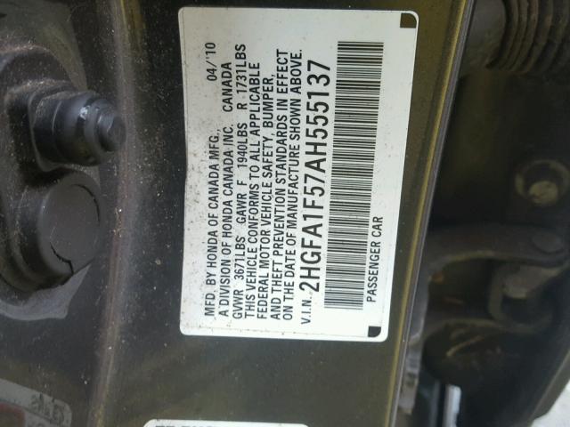 2HGFA1F57AH555137 - 2010 HONDA CIVIC LX CHARCOAL photo 10