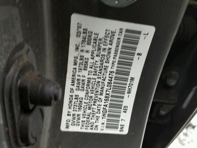 1HGFA168X7L084476 - 2007 HONDA CIVIC EX ნაცრისფერი ფოტო 10