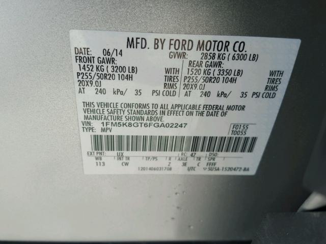 1FM5K8GT6FGA02247 - 2015 FORD EXPLORER S SILVER photo 10