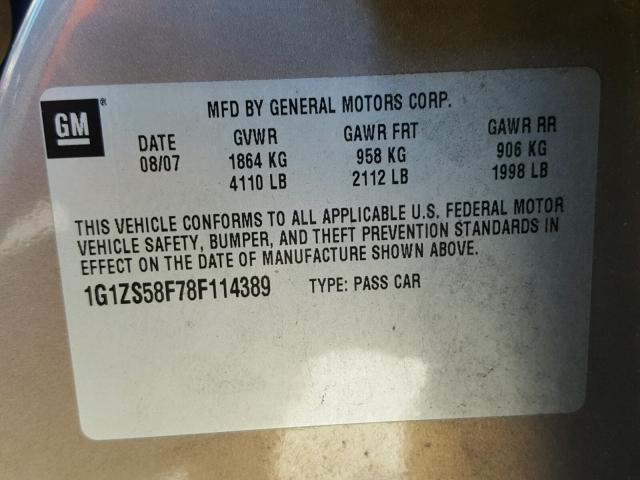 1G1ZS58F78F114389 - 2008 CHEVROLET MALIBU LS 灰色 照片 10