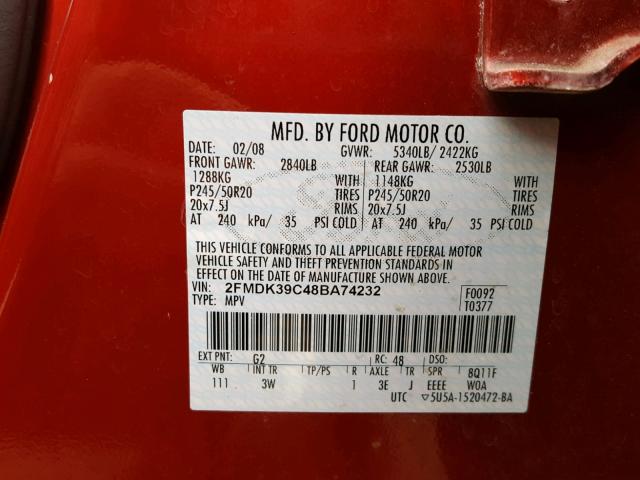 2FMDK39C48BA74232 - 2008 FORD EDGE LIMIT RED photo 10