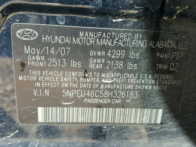 5NPEU46C58H326183 - 2008 HYUNDAI SONATA SE BLUE photo 10