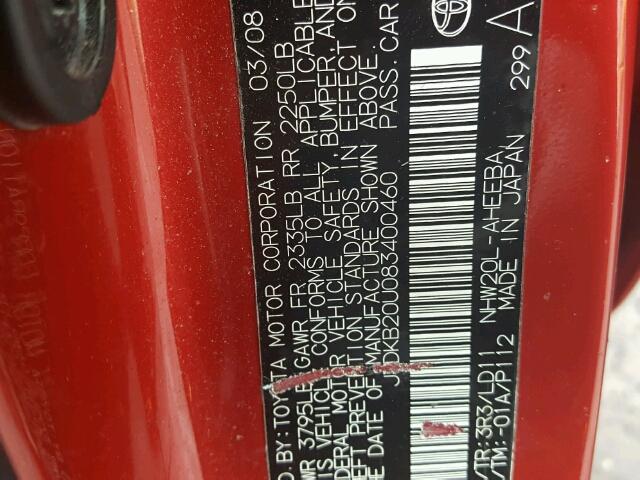 JTDKB20U083400460 - 2008 TOYOTA PRIUS RED photo 10