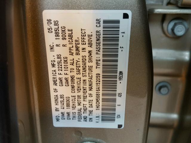 1HGCM56816A152059 - 2006 HONDA ACCORD EX GOLD photo 10