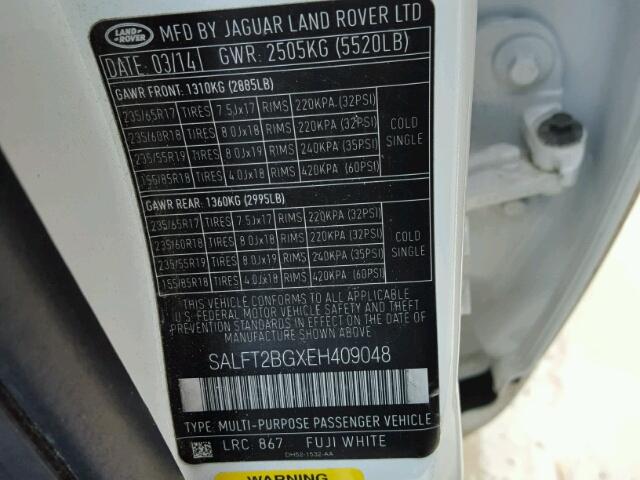 SALFT2BGXEH409048 - 2014 LAND ROVER LR2 HSE LU WHITE photo 10