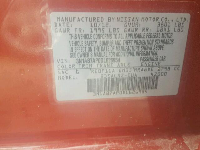 3N1AB7AP0DL626954 - 2013 NISSAN SENTRA S RED photo 10