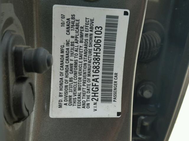 2HGFA16838H506103 - 2008 HONDA CIVIC EX ნაცრისფერი ფოტო 10